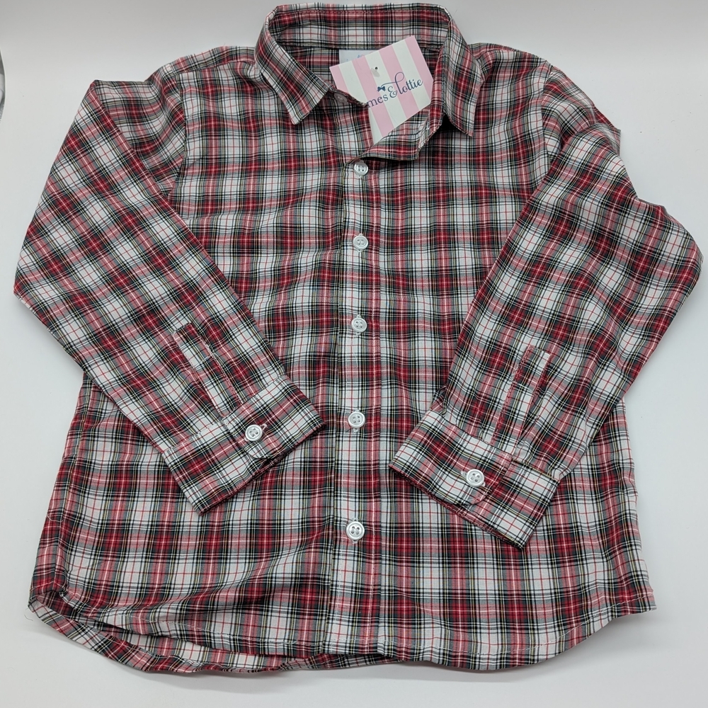 James & Lottie Christmas Plaid Kids Shirt Red  Black Ryan Dress Shirt Size Sz 7